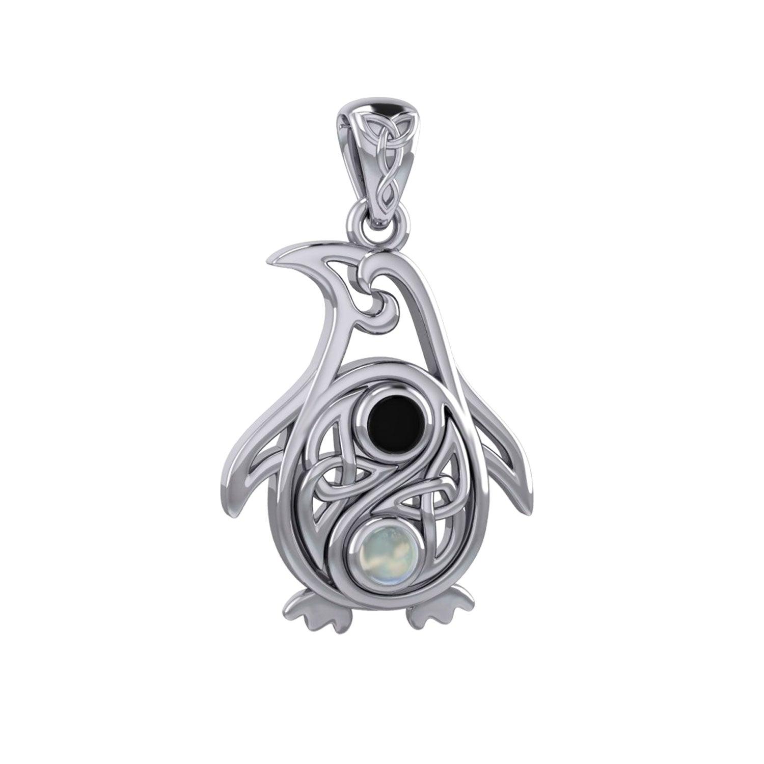 Celtic Yin Yang Spirit of The Antarctic Penguin Silver Pendant with Gem