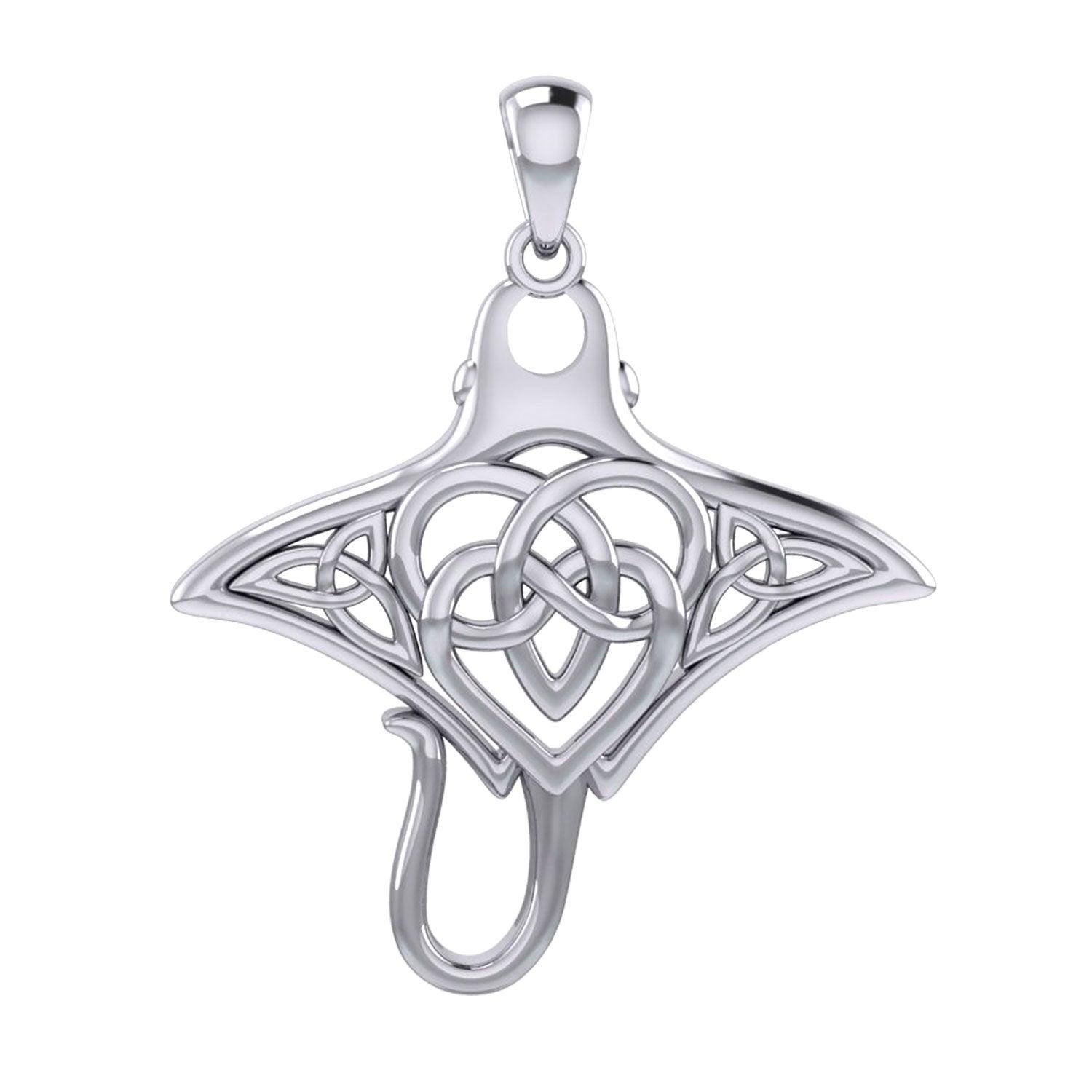 Manta Ray with Celtic Heart in the center Silver Pendant