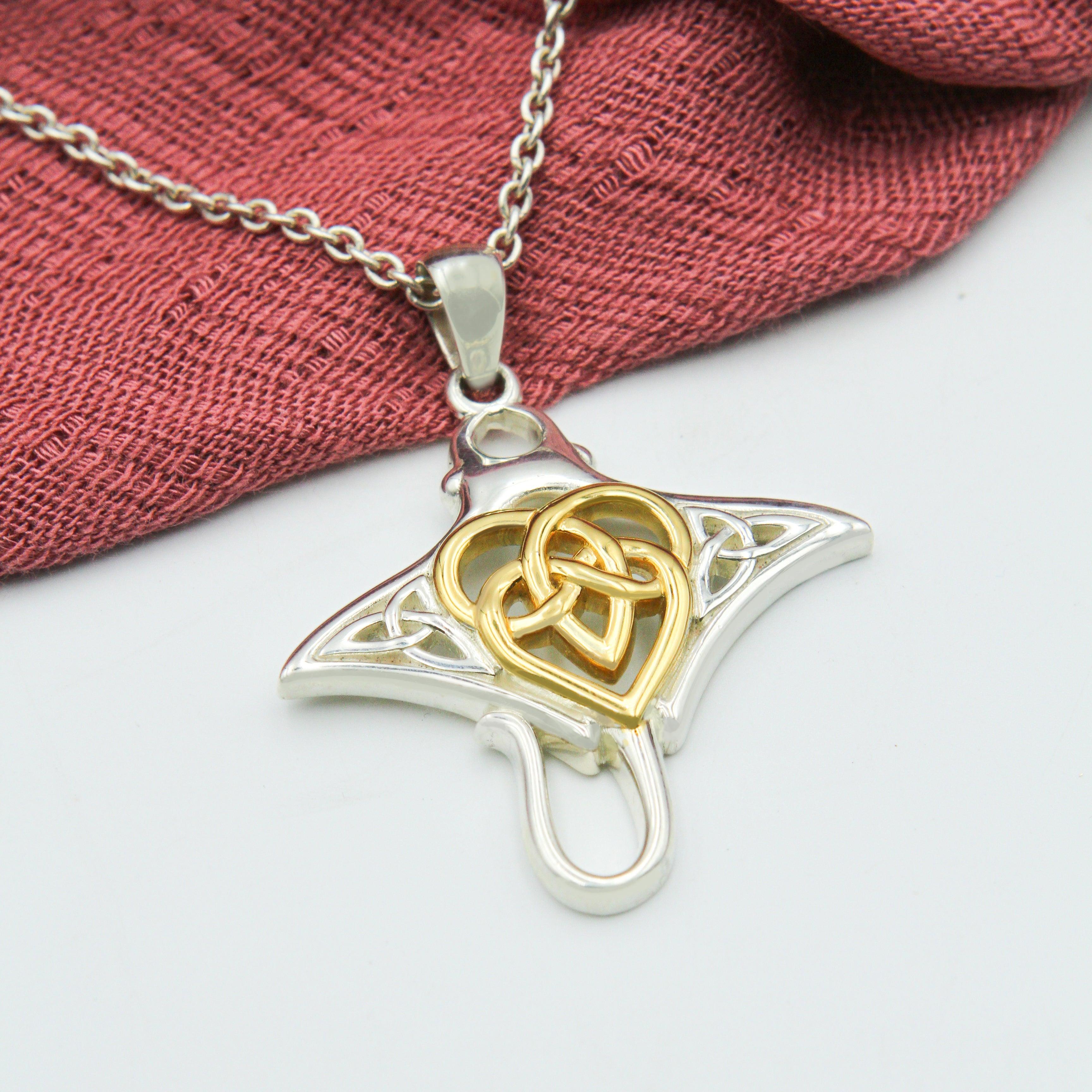 Manta Ray with Celtic Heart in the center Silver Pendant