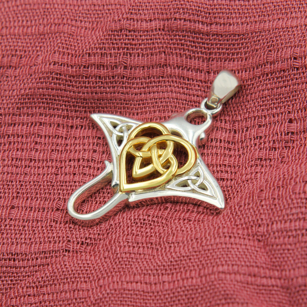 Manta Ray with Celtic Heart in the center Silver Pendant