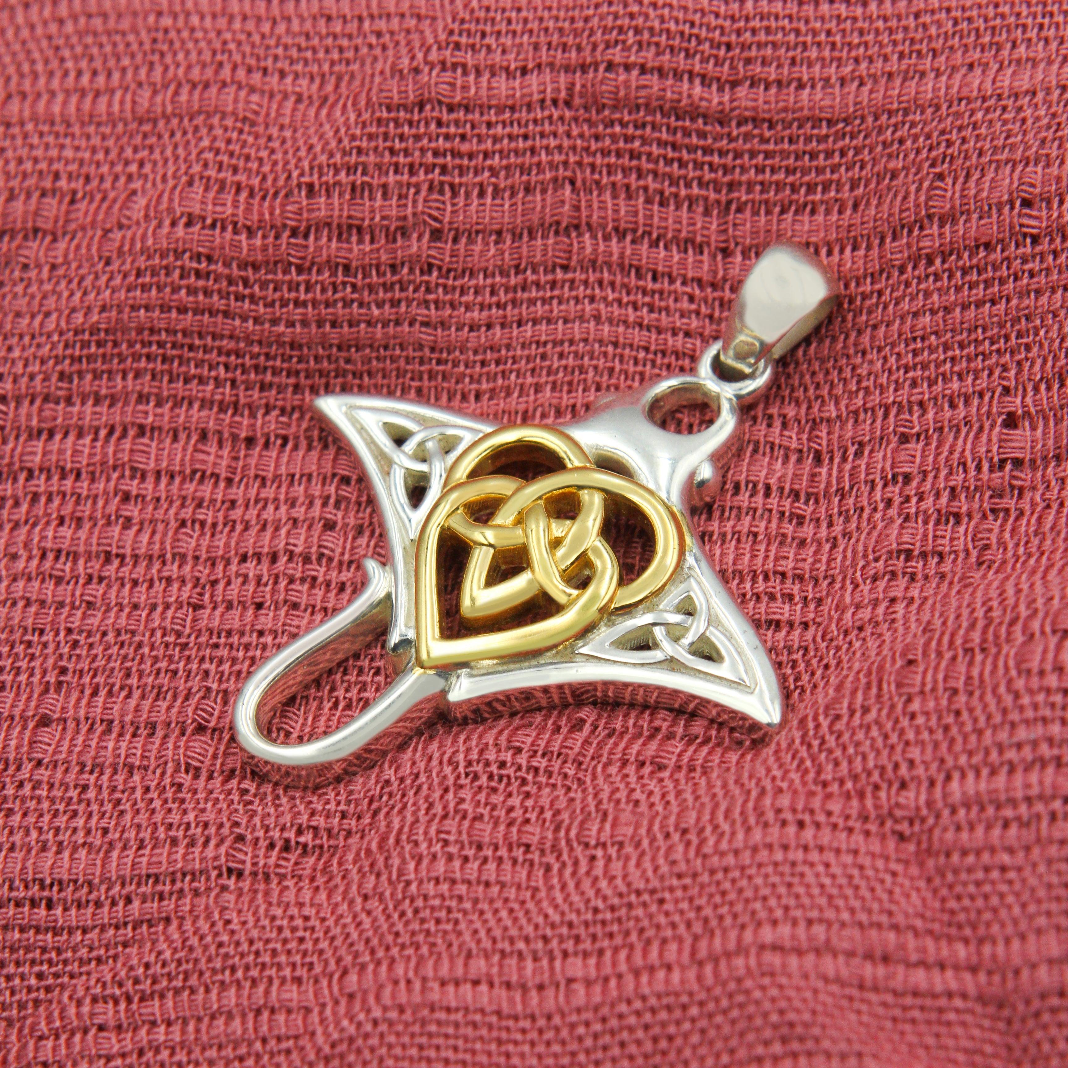 Manta Ray with Celtic Heart in the center Silver Pendant