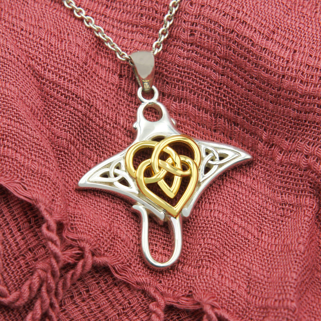 Manta Ray with Celtic Heart in the center Silver Pendant