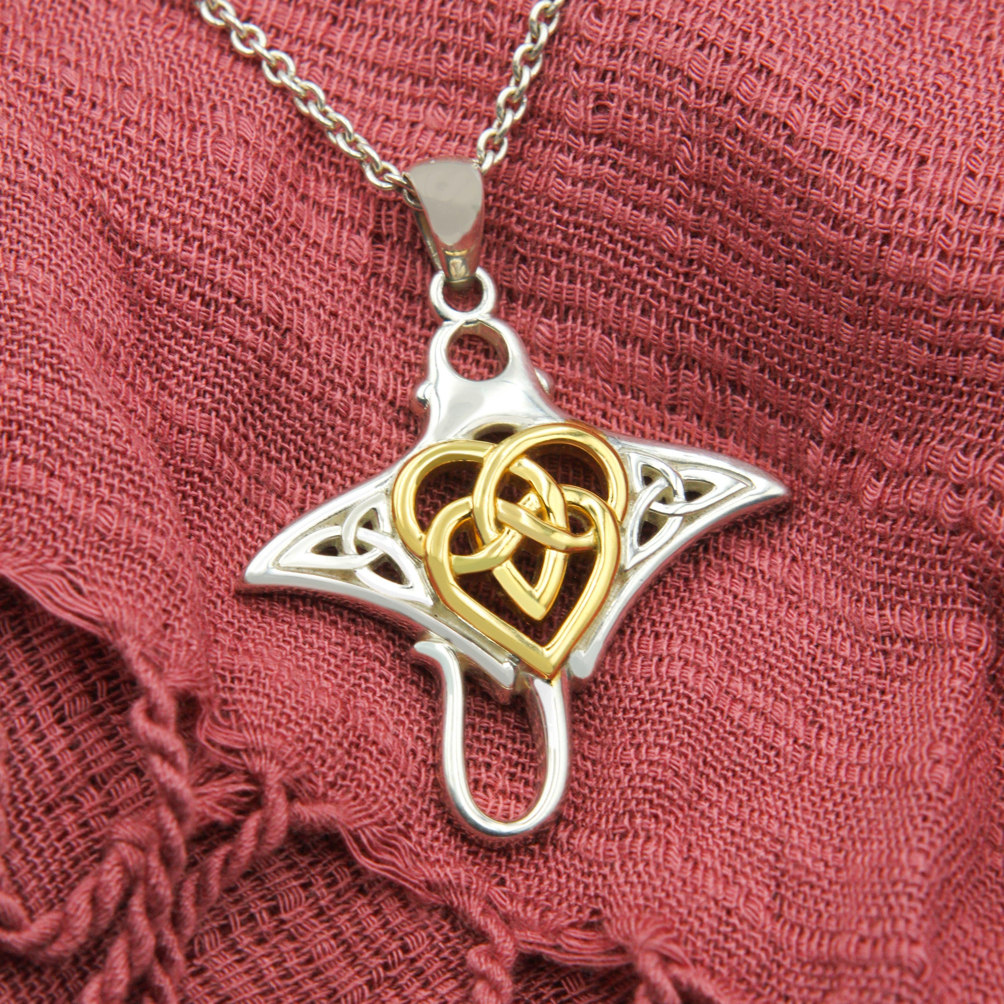 Manta Ray with Celtic Heart in the center Silver Pendant