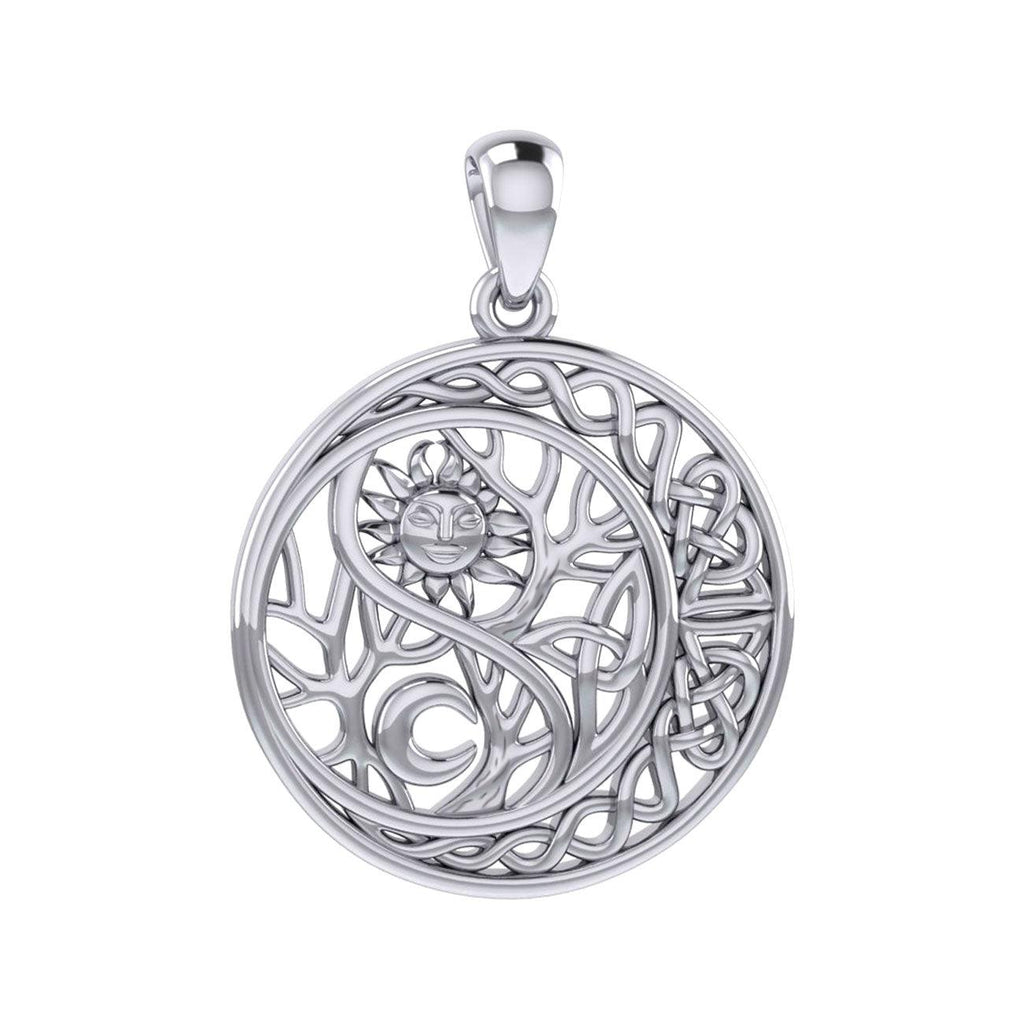 The Yin Yang Tree of Life on Celtic Crescent Moon Sterling Silver Pendant