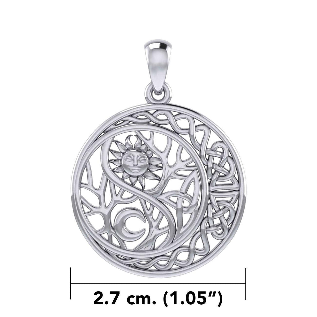 The Yin Yang Tree of Life on Celtic Crescent Moon Sterling Silver Pendant