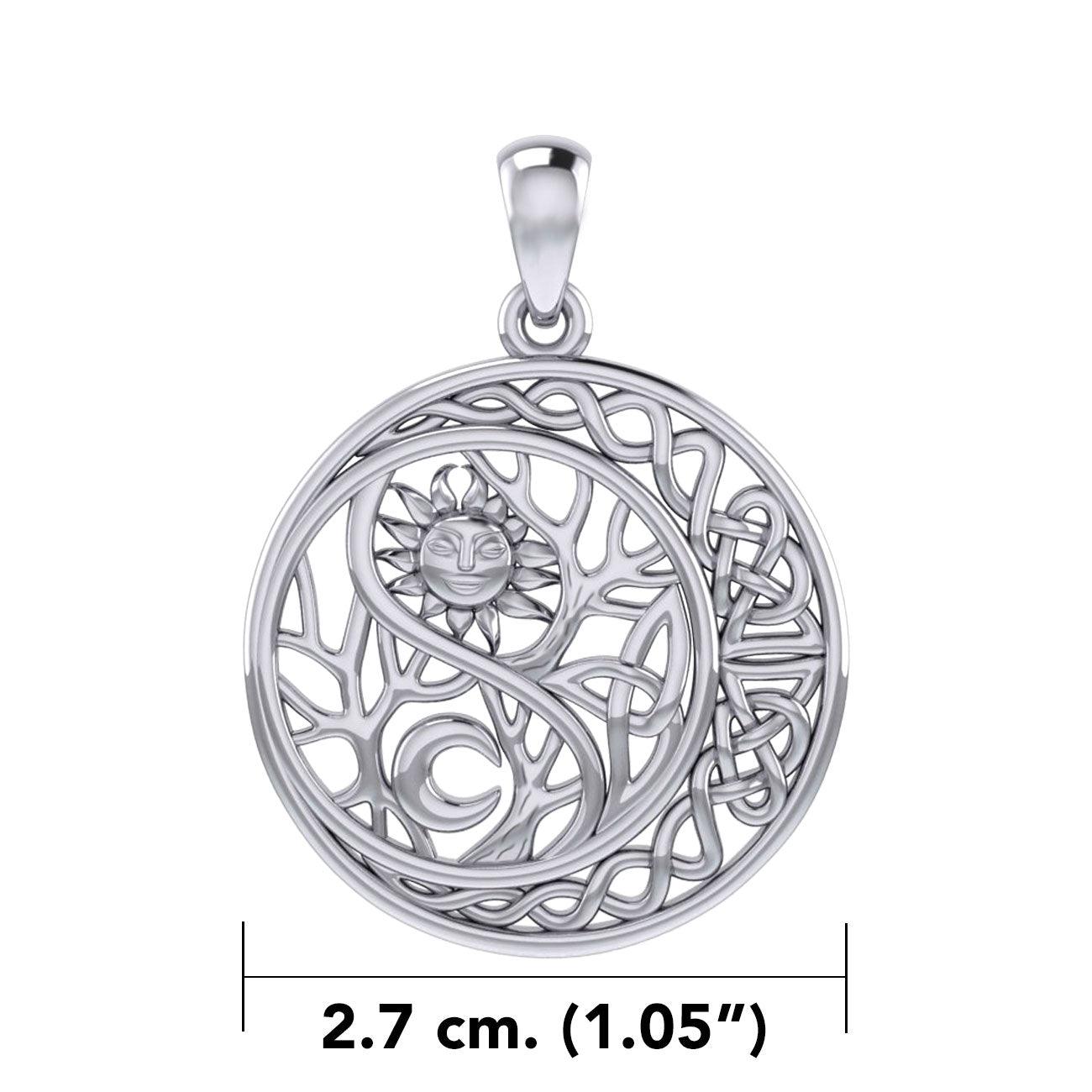 The Yin Yang Tree of Life on Celtic Crescent Moon Sterling Silver Pendant