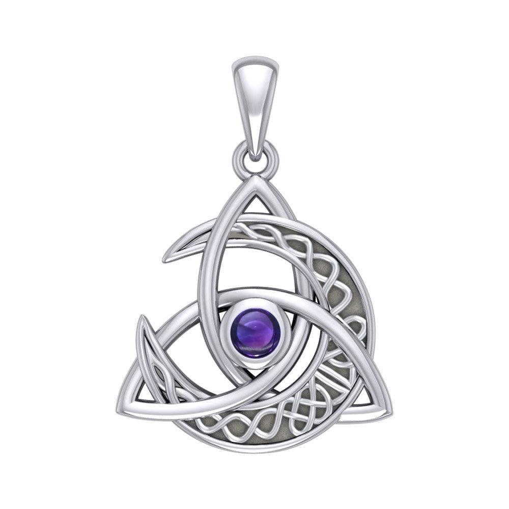 Trinity Knot with Celtic Crescent Moon Silver Pendant with Gemstone