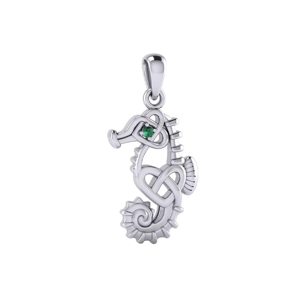 Celtic Seahorse And Double Heart With Stone Pendant