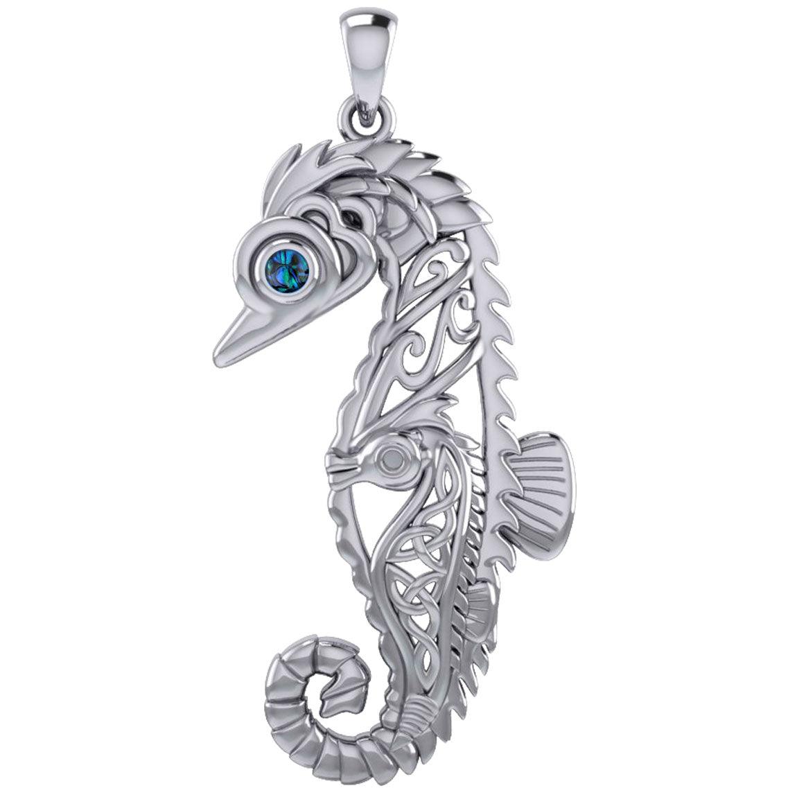 Large Seahorse Silver Pendant with Baby Seahorse