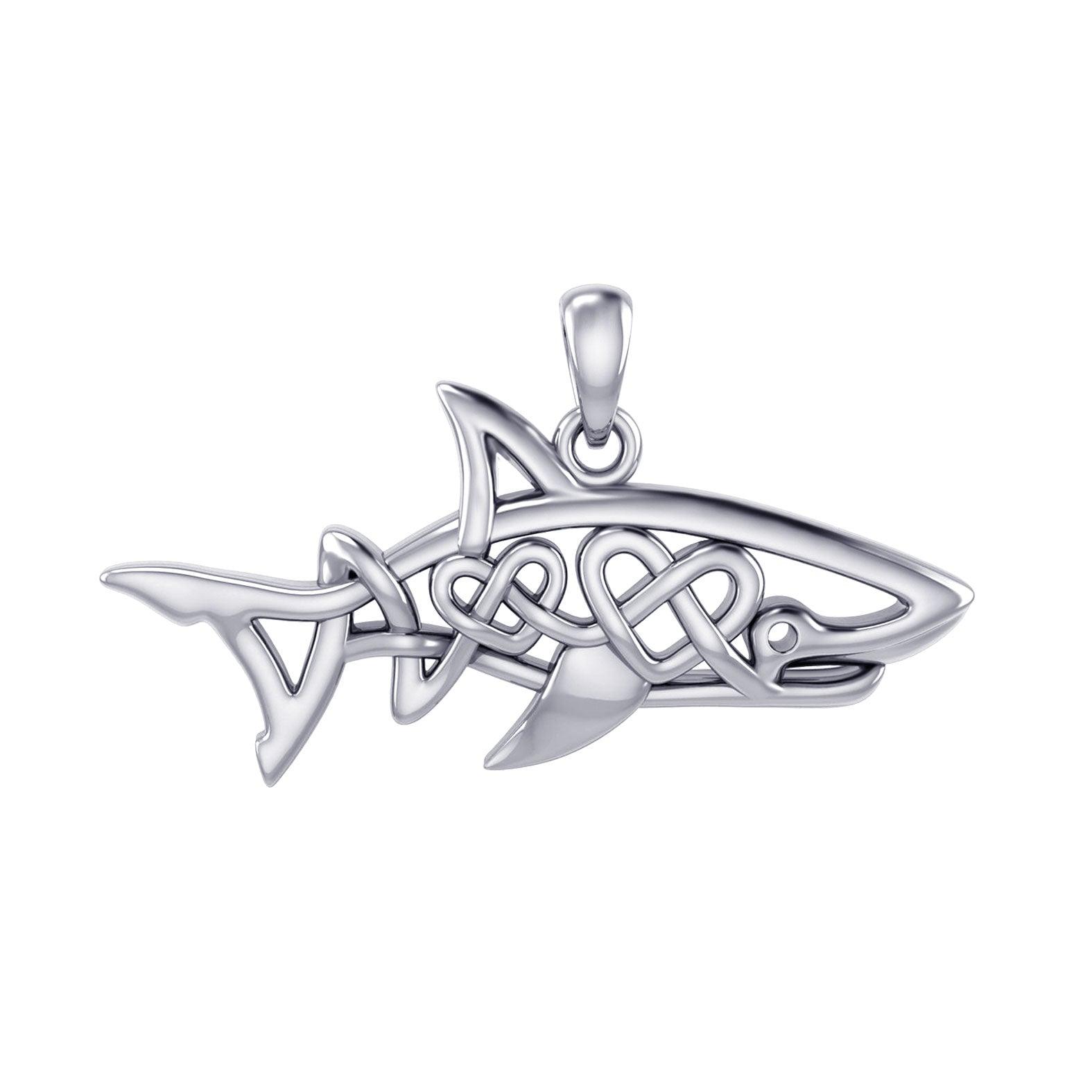 Shark with Double Celtic Heart Silver Pendant
