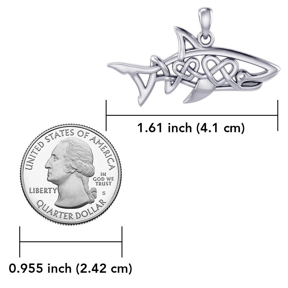 Shark with Double Celtic Heart Silver Pendant