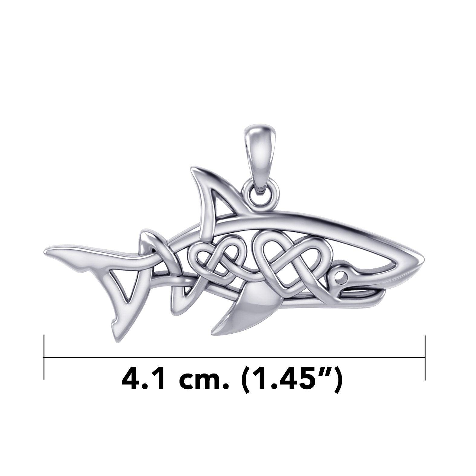 Shark with Double Celtic Heart Silver Pendant