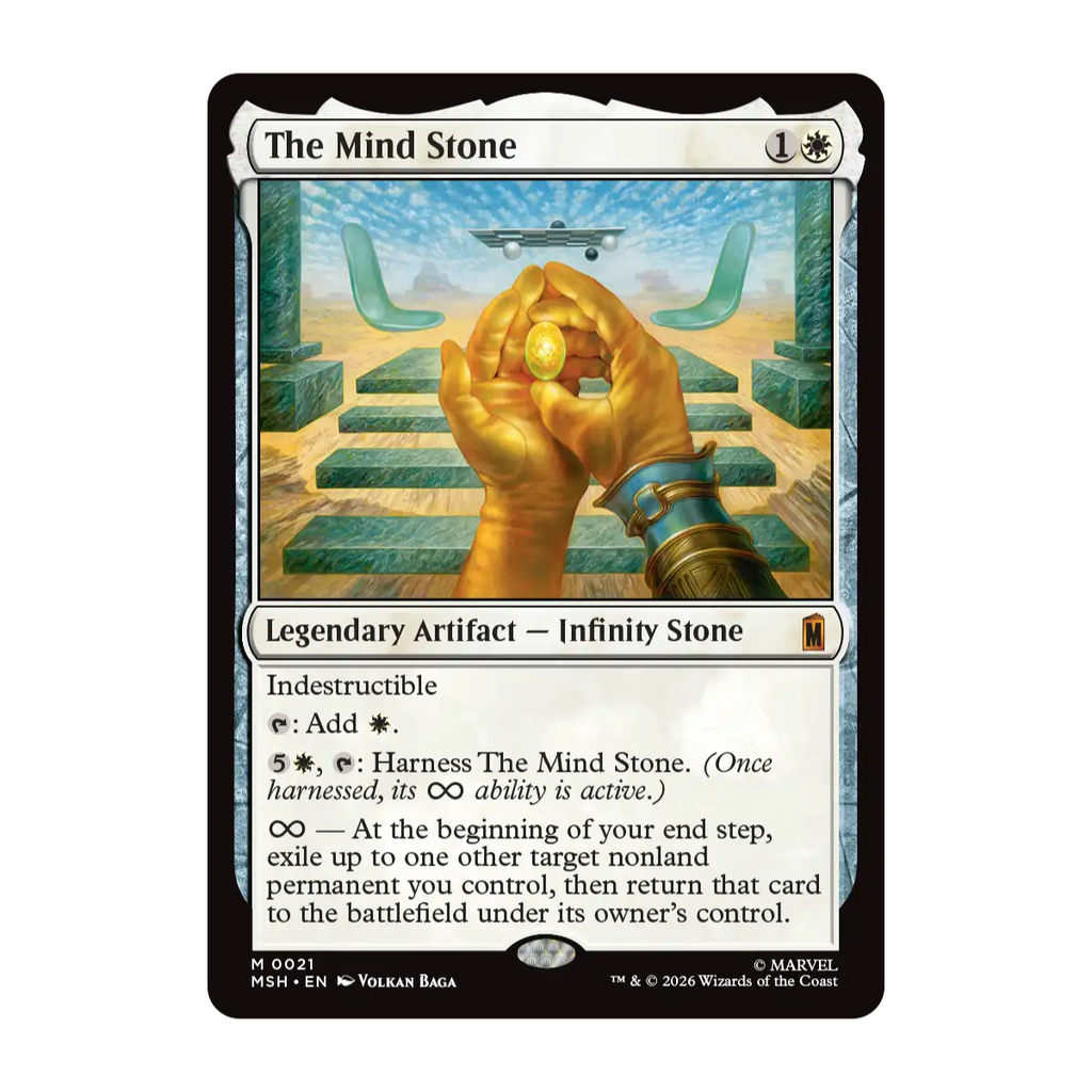 A Magic: The Gathering trading card titled 'The Mind Stone' from Marvel Superheroes Expansion Collections Set featuring artwork of hands holding a glowing yellow orb known as the Mind Stone from Marvel Comics over stone steps, floating chairs, an upside down chessboard with card text and Magic branding visible.