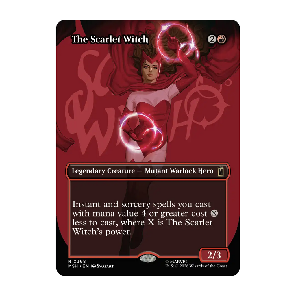 A Magic: The Gathering trading card titled 'The Scarlet Witch' from the Marvel Superheroes  expansion set. The card features artwork of Scarlet Witch with red and pink energy swirls, set against a dark red and black card frame.