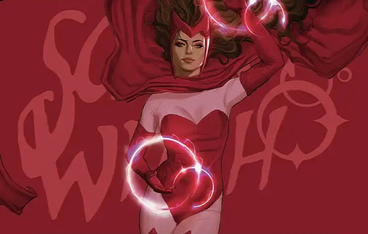 Comic-style artwork of Scarlet Witch; Wanda Maximoff in a red and white costume with glowing pink energy rings, set against a red background with large stylized lettering.