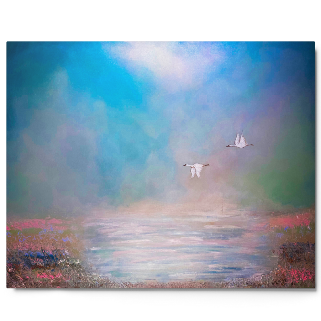 Two birds flying over a side view cutout pond as if viewed through a veiled grid over colorful landscape with a rainbow effect.