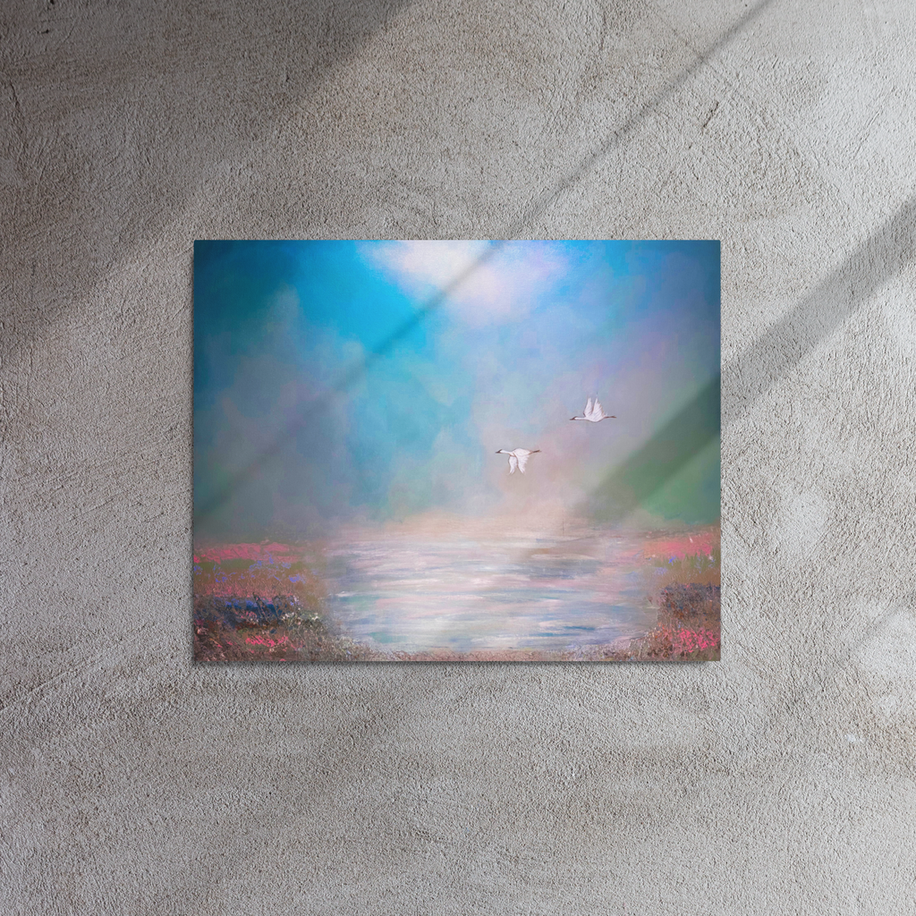 Abstract painting of a landscape with a pond of water and colorful sky.