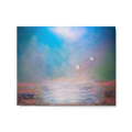 Two birds flying over a body of water with a colorful sky.