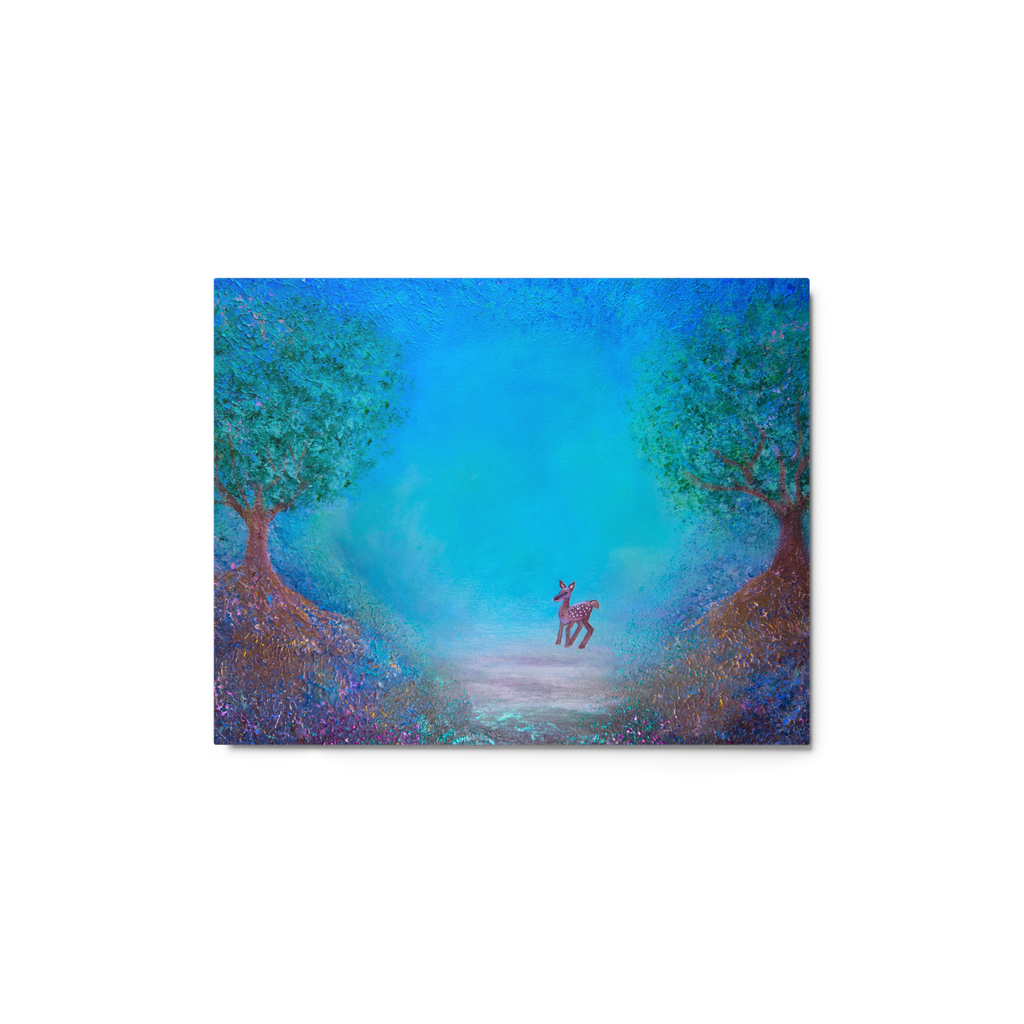 Painting of a deer standing between two trees with a blue sky as if viewed through a veiled grid cutout from the side.