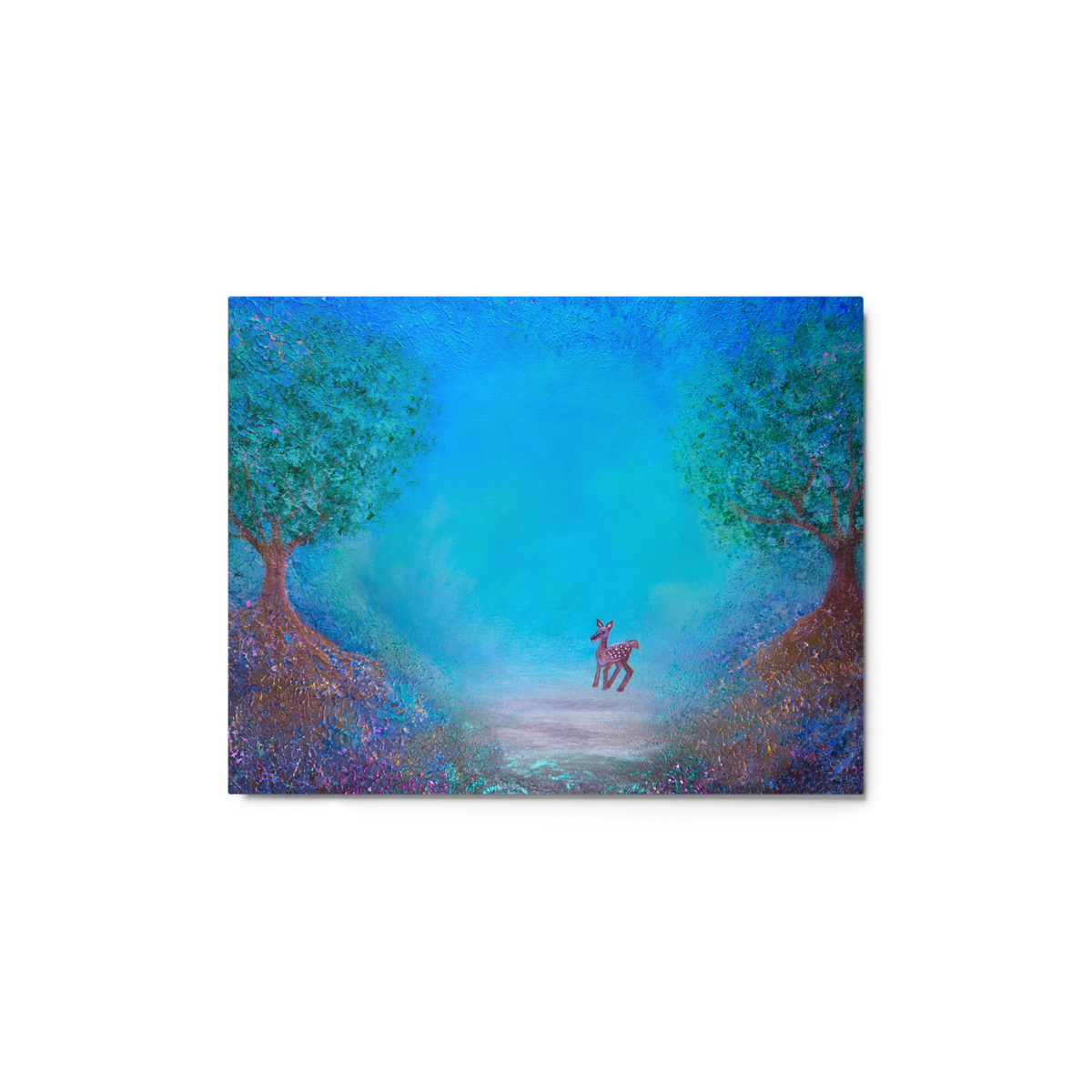 Painting of a deer standing between two trees with a blue sky as if viewed through a veiled grid cutout from the side.