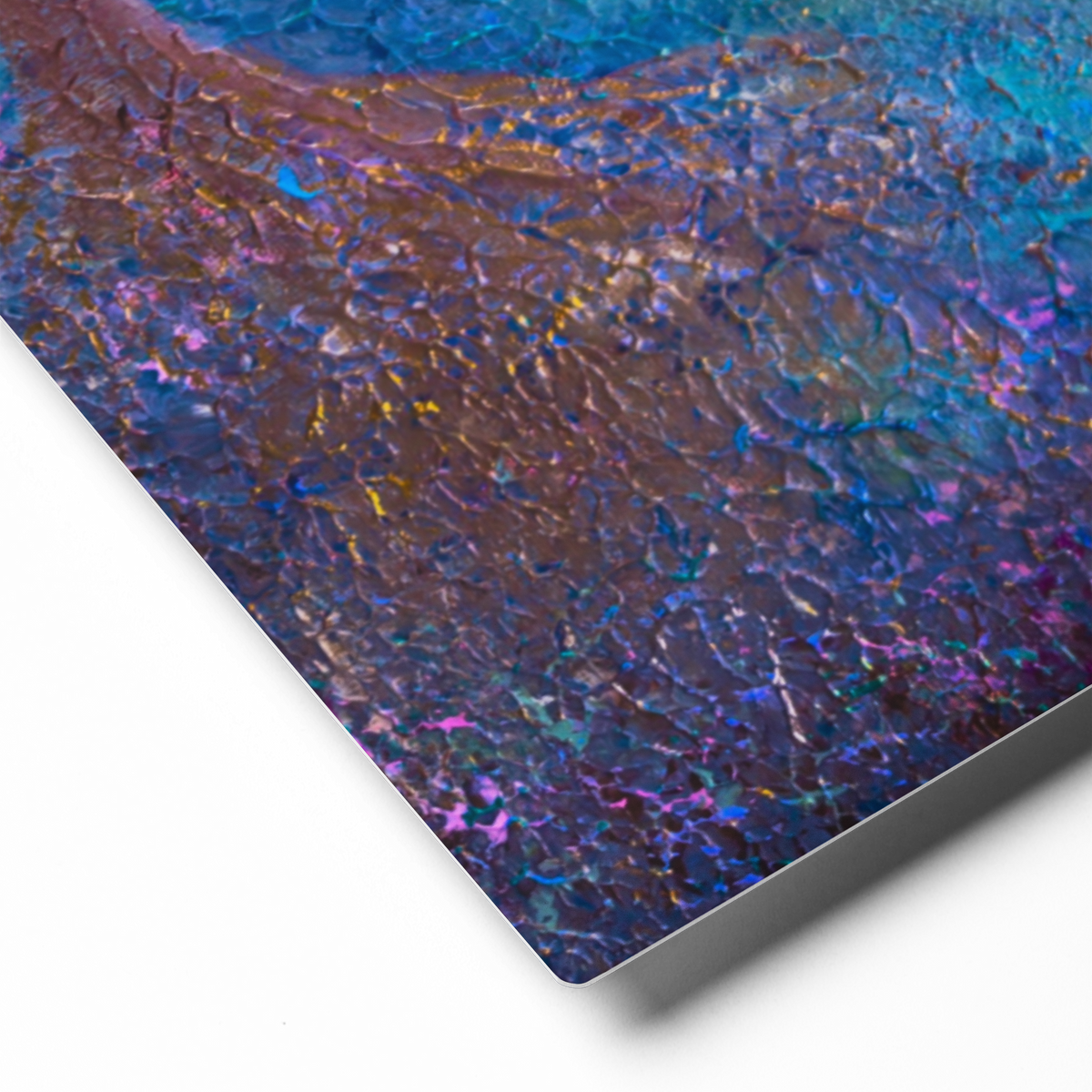 Close-up of a simulated textured surface aluminum print with blue purple copper hues