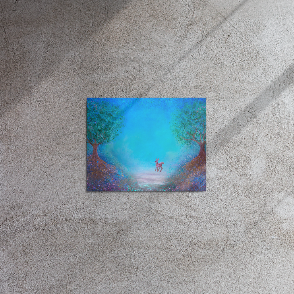 Painting of a deer in a forest with a blue sky on a textured wall.