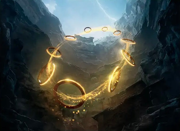 A digital fantasy illustration of glowing gold rings from Marvel Shang-Chi floating in a dark, rocky canyon with a lightning storm in the sky.