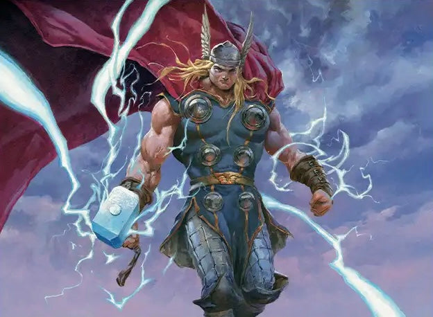 Thor in blue and silver armor with a red cape, holding Mjolnir, surrounded by lightning against a stormy sky Marvel Superheroes Magic Gathering MTG
