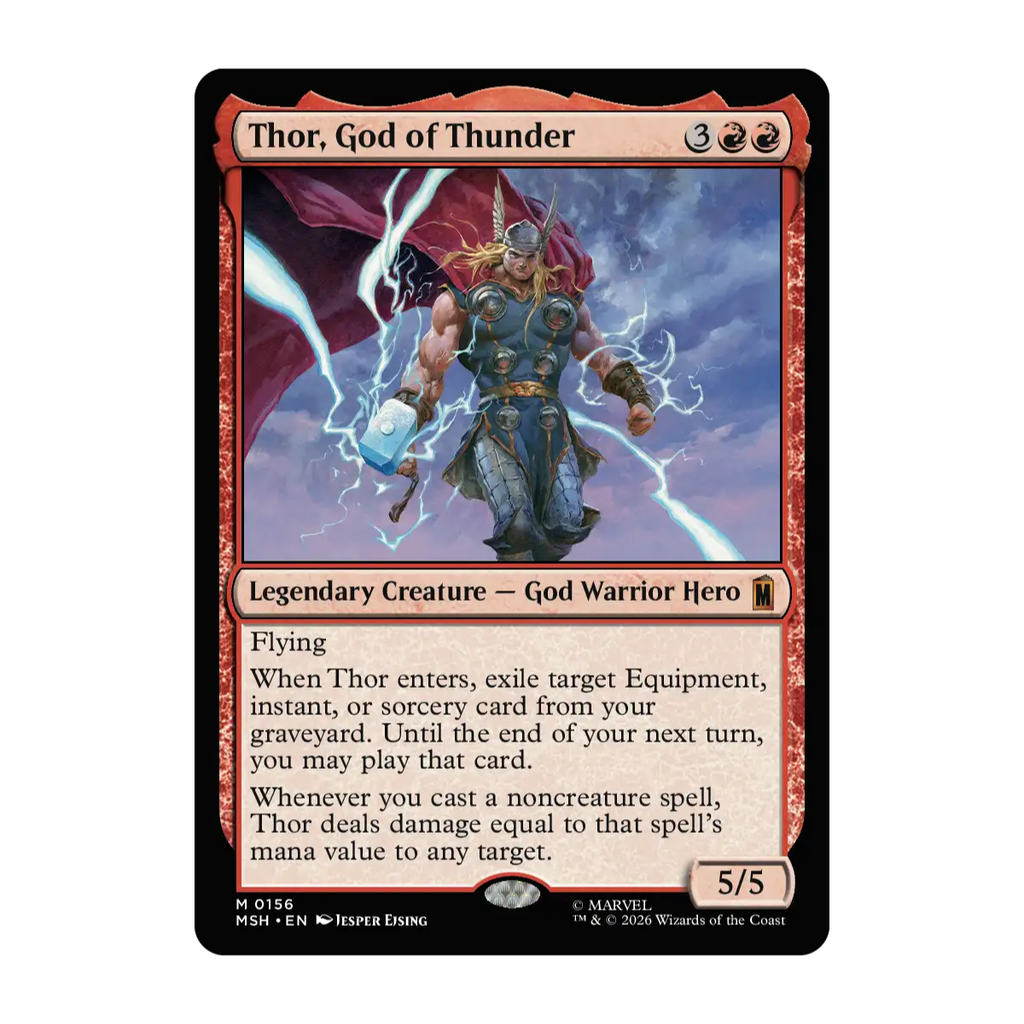 A single Magic: The Gathering trading card for Thor, God of Thunder, shown against a plain white background. The card features artwork of Thor levitating while holding Mjolnir with lightning