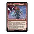 A single Magic: The Gathering trading card for Thor, God of Thunder, shown against a plain white background. The card features artwork of Thor levitating while holding Mjolnir with lightning