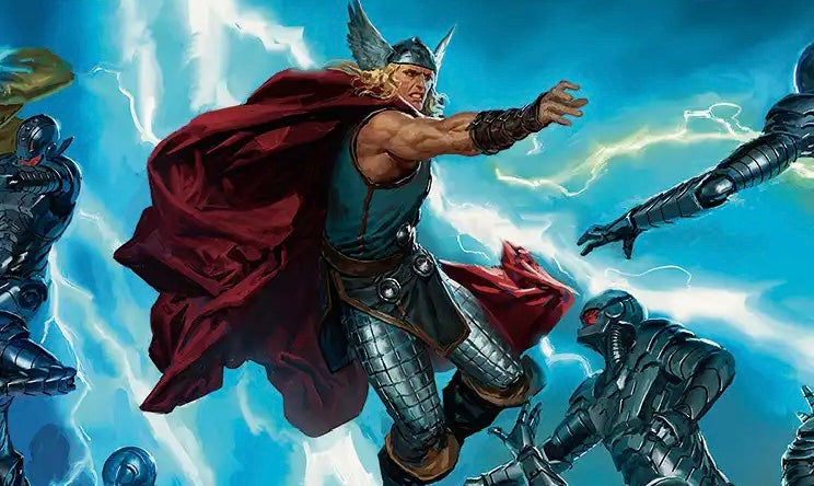 Thor flying forward with outstretched hand, red cape billowing behind him, surrounded by lightning and armored foes in a dramatic comic style illustration.