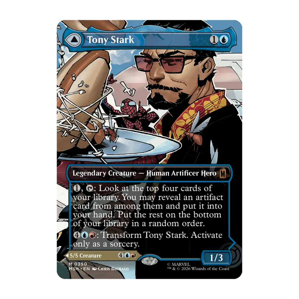 A Magic: The Gathering trading card featuring Tony Stark, a Legendary Creature Human Artificer Hero. The card has a blue border, artwork of Tony Stark by airplane being pestered by Spider-Man while flies swarm a plate of hot dogs