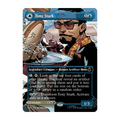 A Magic: The Gathering trading card featuring Tony Stark, a Legendary Creature Human Artificer Hero. The card has a blue border, artwork of Tony Stark by airplane being pestered by Spider-Man while flies swarm a plate of hot dogs