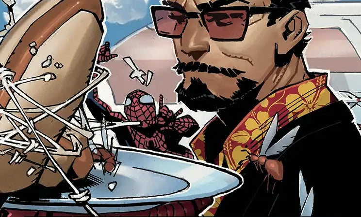 Comic-style illustration showing a bearded man with dark sunglasses in a black jacket and a red-and-yellow patterned shirt, holding a plate while Spider-Man appears in the background.