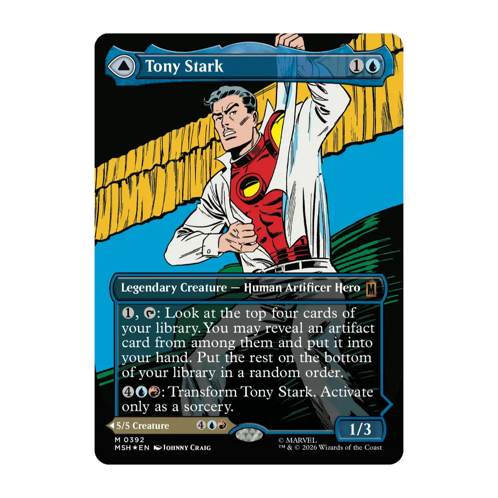 A single Magic Gathering Marvel Super Heroes collectible trading card featuring Tony Stark in comic style artwork with the card name