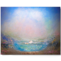Painting of a serene landscape with a body of water and mountains. "Trinity Lake" Metal Print Showcasing a cut through of a pond as if being seen through a transparent Grid
