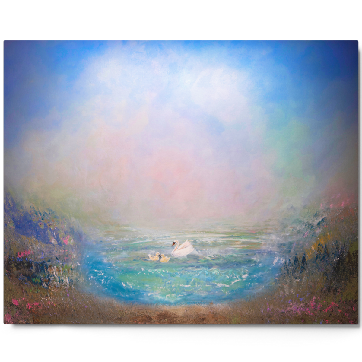 Painting of a serene landscape with a body of water and mountains. "Trinity Lake" Metal Print Showcasing a cut through of a pond as if being seen through a transparent Grid