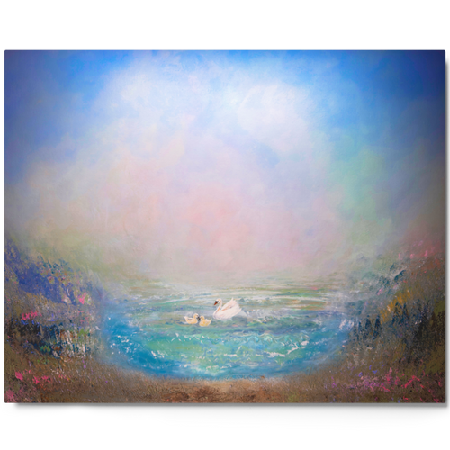 Painting of a serene landscape with a body of water and mountains. "Trinity Lake" Metal Print Showcasing a cut through of a pond as if being seen through a transparent Grid