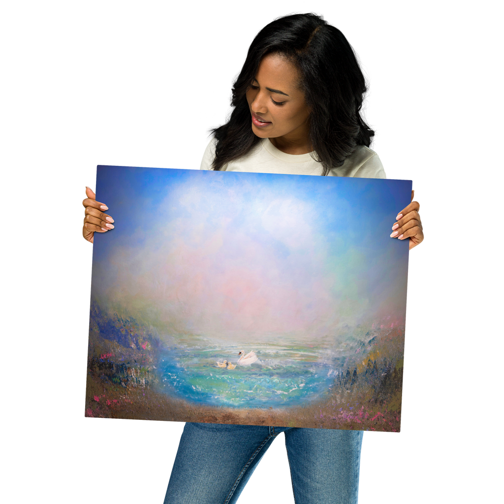 Woman holding a large painting of a landscape with a rainbow.
