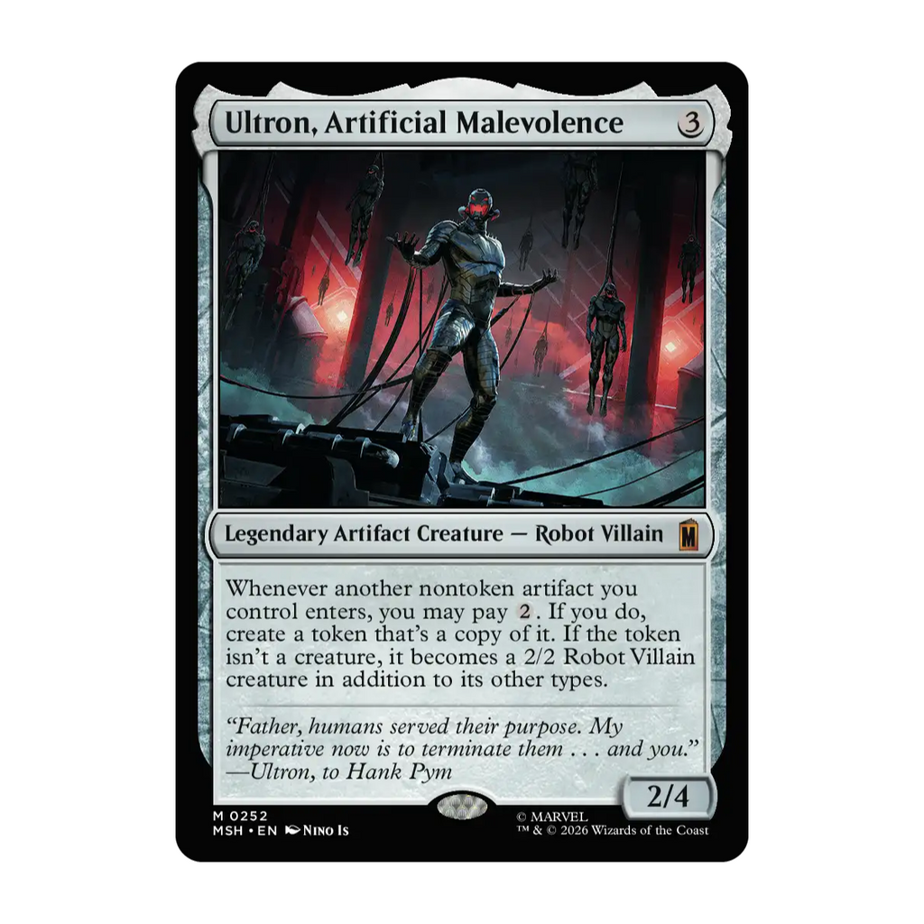 A single Magic: The Gathering trading card featuring Ultron Marvel Villain "Ultron, Artificial Malevolence