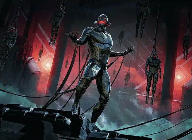 A sci-fi comics armored villain character Ultron with glowing red eyes stands in a dark industrial chamber, surrounded by hanging figures and cables. Marvel Super Heroes Villains