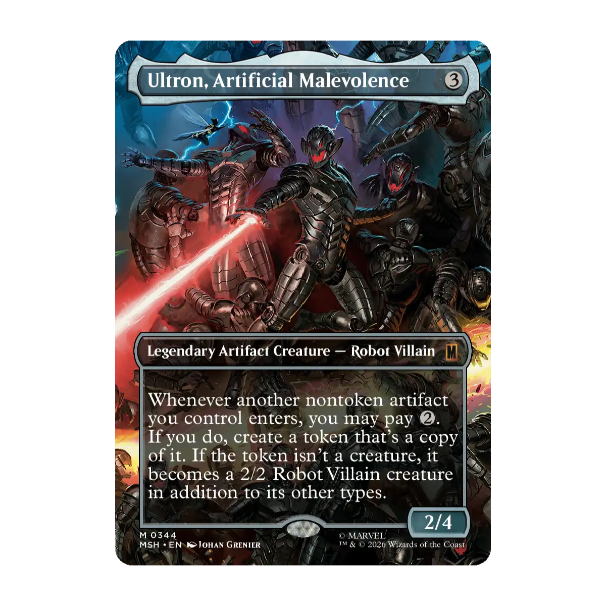 A single Magic: The Gathering trading card "Ultron, Artificial Malevolence" shown against a plain white background. The card art depicts a group of dark robotic figures with glowing red eyes and weapons, and the card frame includes Magic branding and game text boxes.