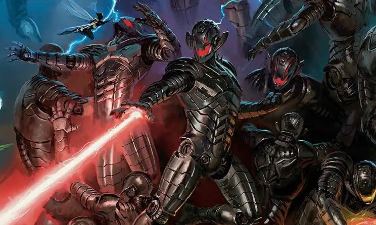 A dramatic sci-fi illustration showing a group of villainous armored robotic Ultron Variants Marvel Super Heroes, with a central figure holding a glowing red blade and several others with red eyes, set against a dark blue and purple background.