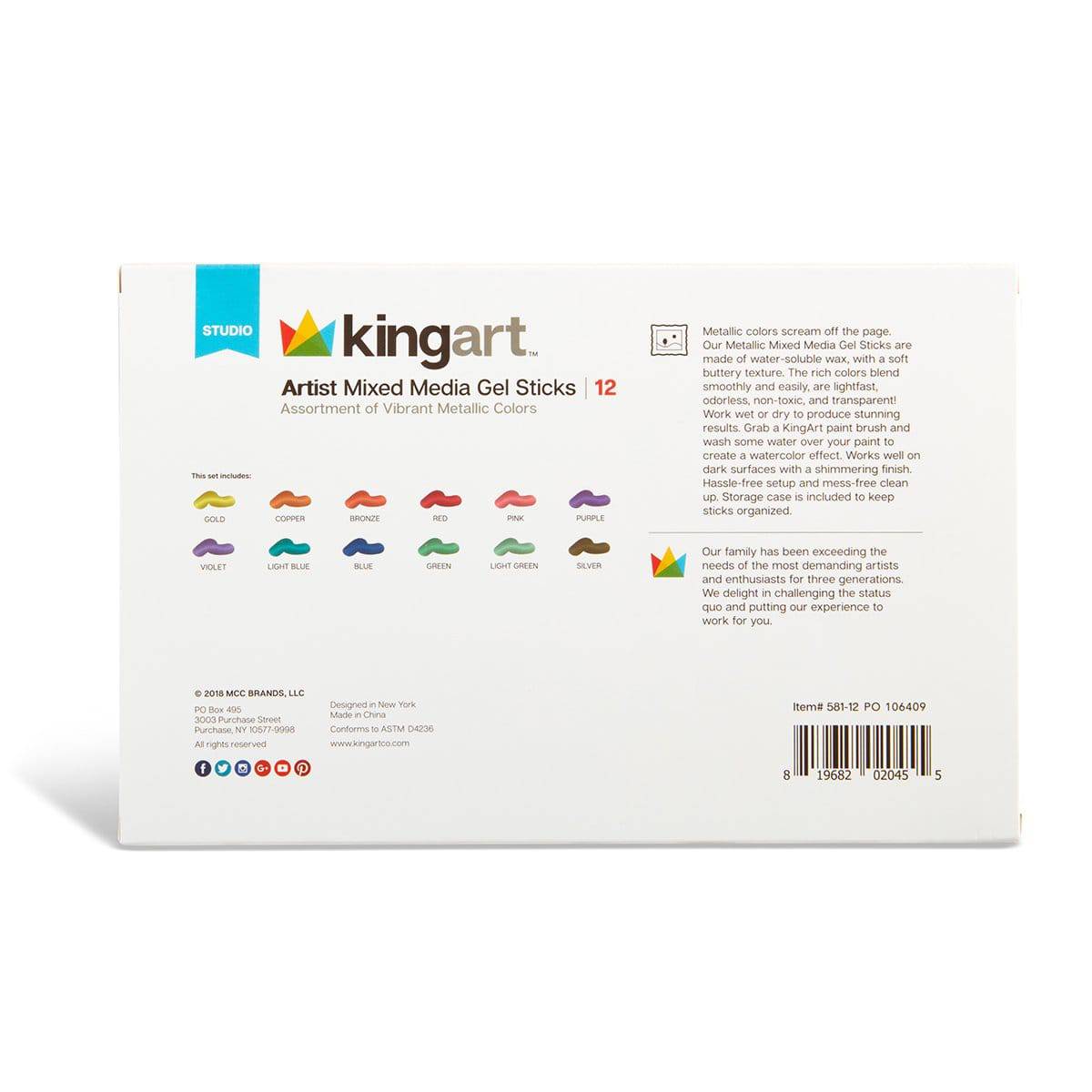 KINGART Metallic Gel Stick Crayons Mixed Media 12 Colors