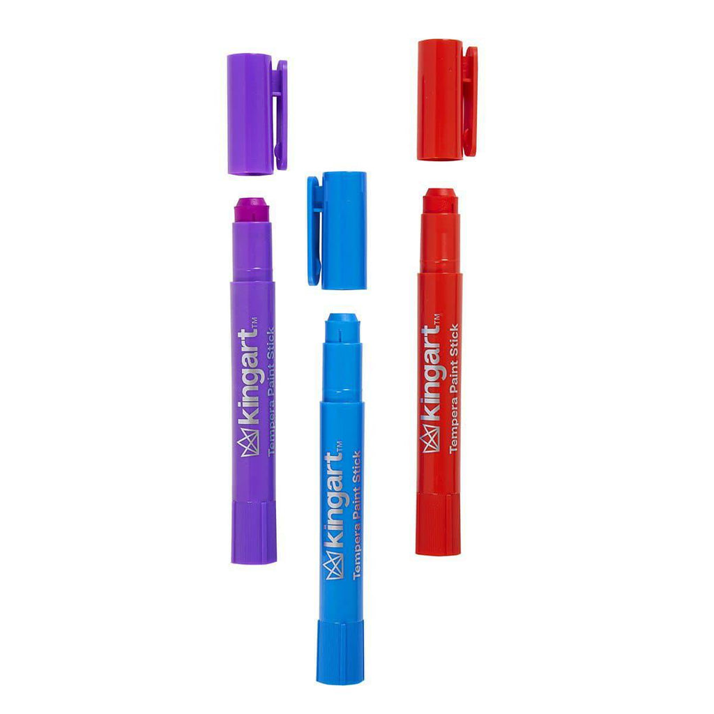 Three markers with caps off in purple, blue, and red by Kingart brand