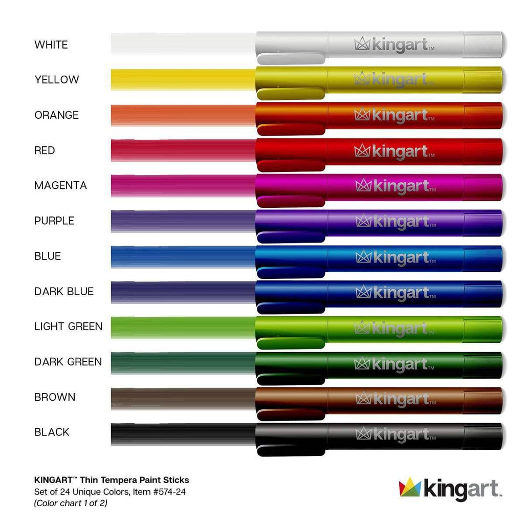 Color chart of Kingart thin tempera paint sticks with brand logo.
