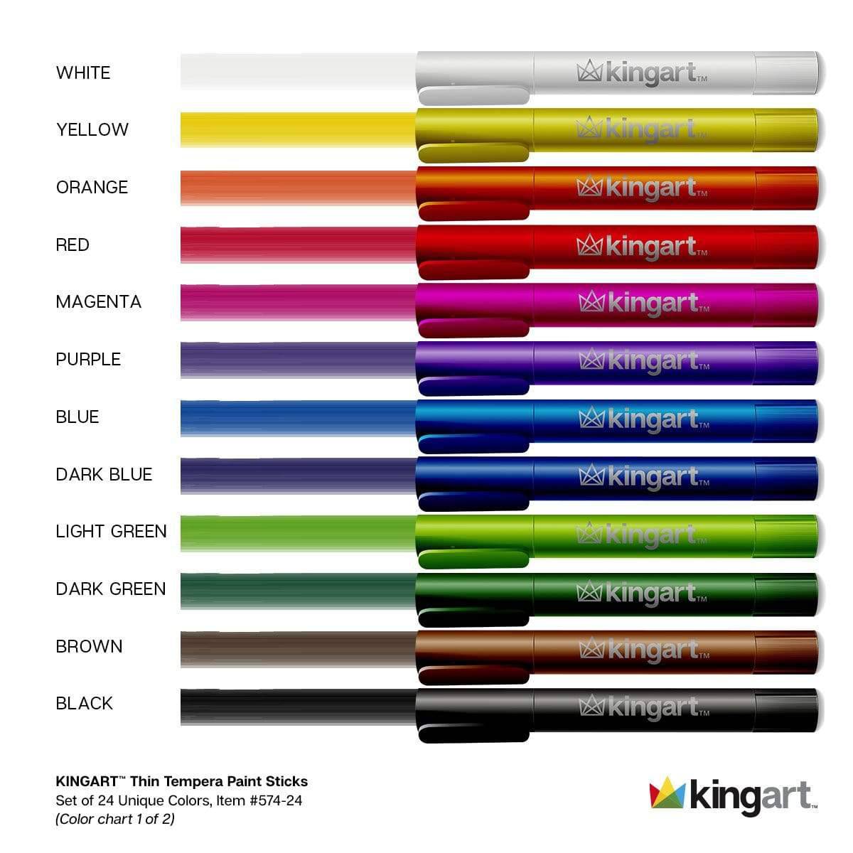 Color chart of Kingart thin tempera paint sticks with brand logo.