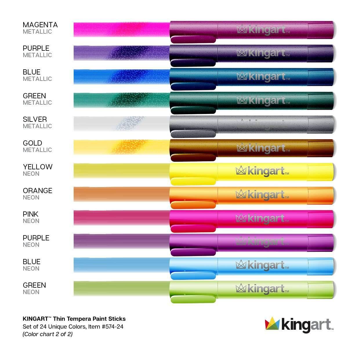 Color chart of Kingart thin tempera paint sticks in various colors with brand logo.